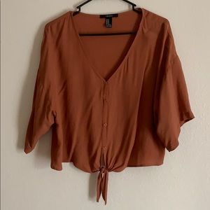 Orange button up tie front top